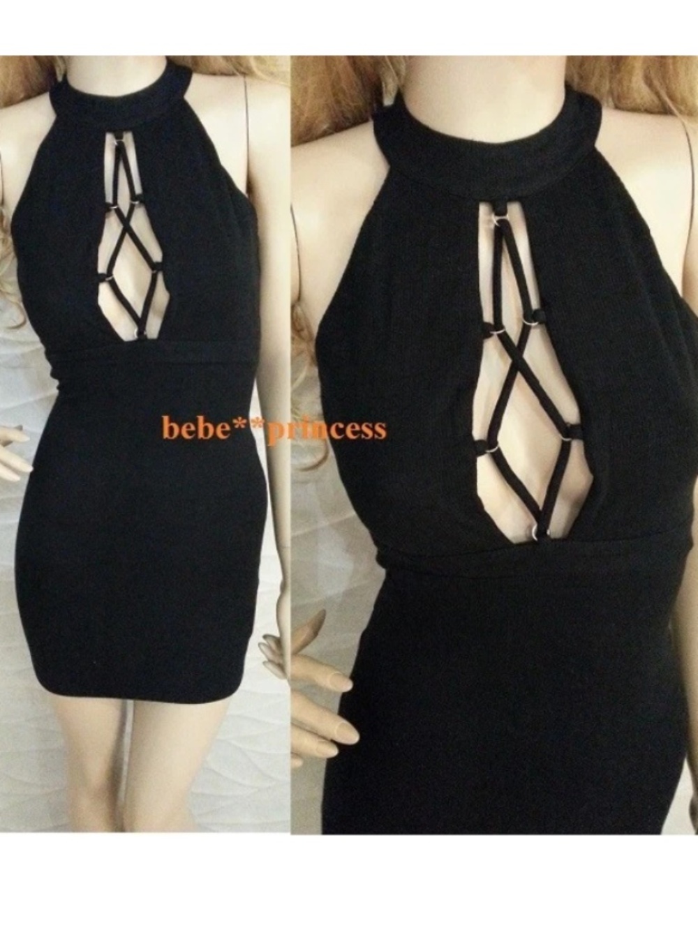 New Bebe Dress Mock Neck Black Ribbed Lace Up Bodycon Top Dress XS